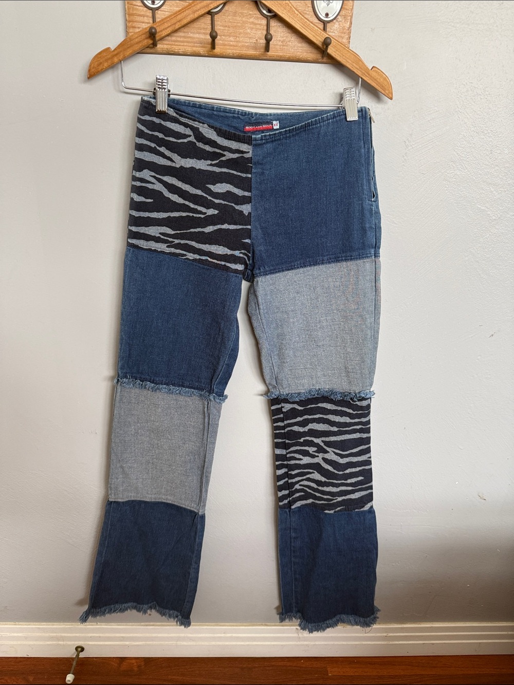 Y2K Low Rise Side Zip Jean. Patchwork, Zebra-Print. Body and Soul.